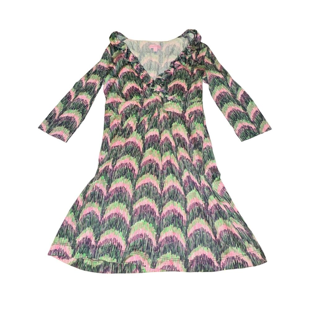 Lilly Pulitzer Blaney Dress Women XS Pink Green Ruffle V Neck 1/2 Sleeve Pockets